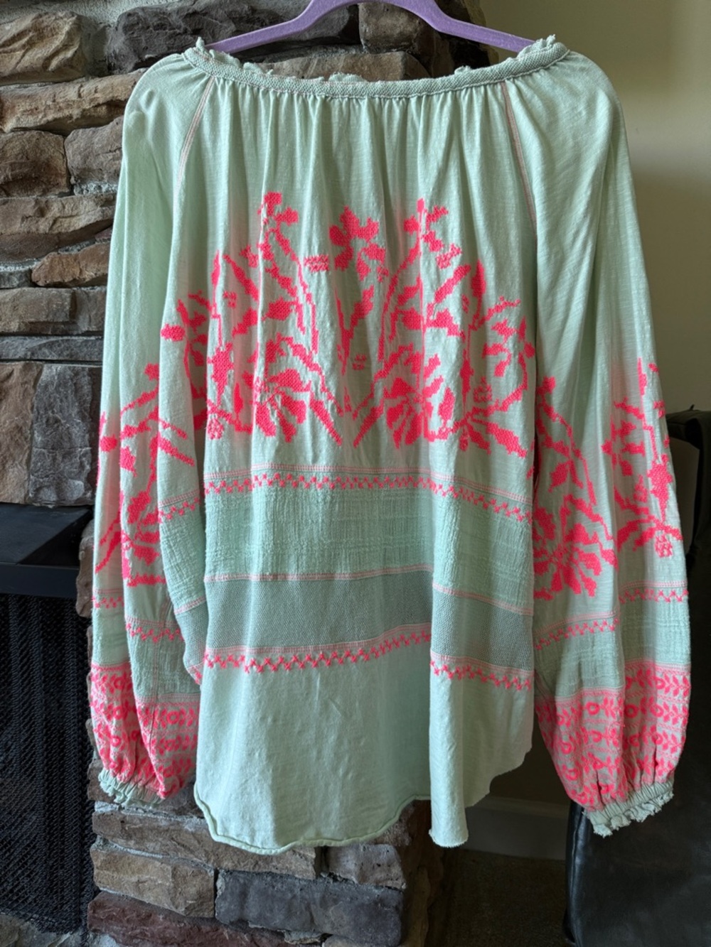 Free People Mint Green Peasant Blouse with Neon Pink Embroidery - Picture 6 of 11